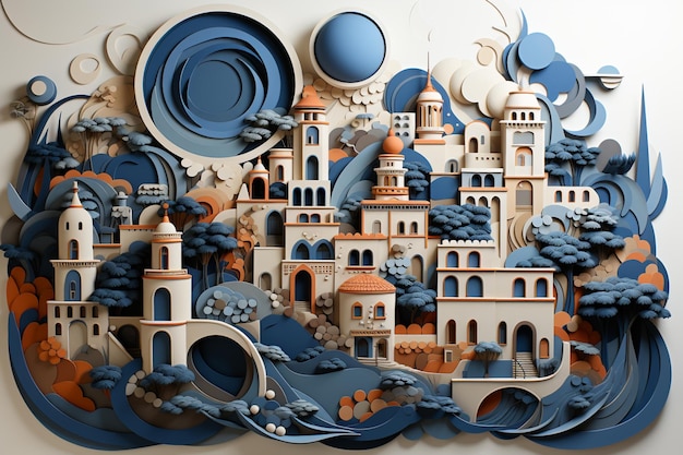 There is a paper cut of a city with a clock on top generative ai