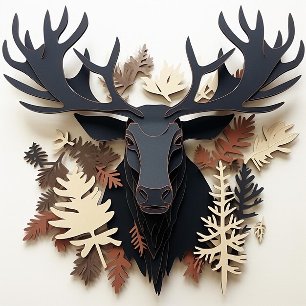 there is a paper cut of a deer head surrounded by leaves generative ai