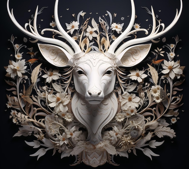 there is a paper cut deer head with flowers and leaves generative ai