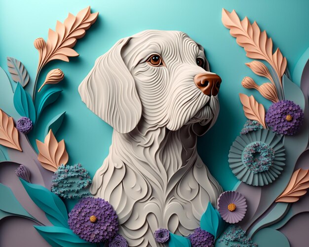 There is a paper cut dog with flowers and leaves on the wall generative ai