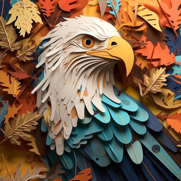 There is a paper cut eagle sitting among many leaves generative ai