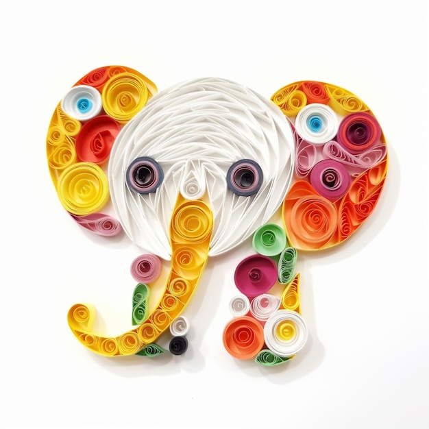 There is a paper cut elephant with colorful eyes and a long tusk generative ai