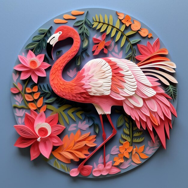 There is a paper cut flamingo standing in a circle with flowers generative ai