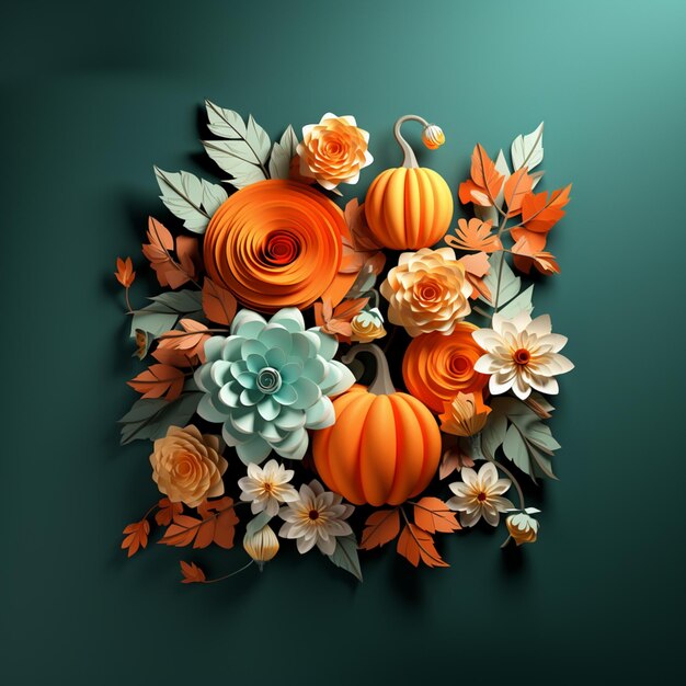 There is a paper cut of flowers and pumpkins on a green background generative ai