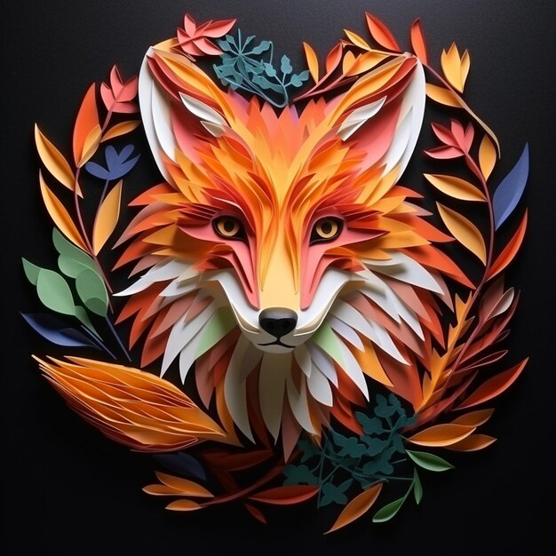 there is a paper cut fox with leaves and flowers on it generative ai