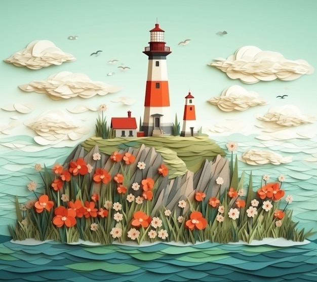 There is a paper cut of a lighthouse on a small island generative ai