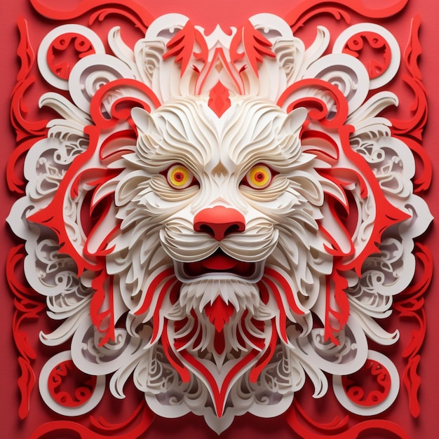 There is a paper cut of a lion head on a red background generative ai