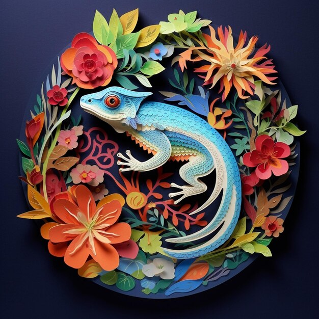 Photo there is a paper cut lizard sitting on a plate with flowers generative ai