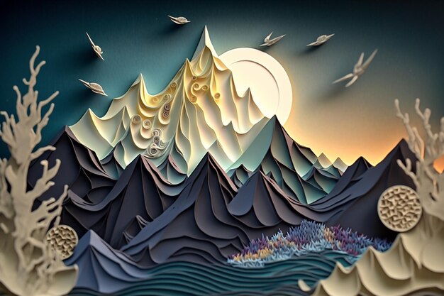 There is a paper cut of a mountain with a full moon generative ai