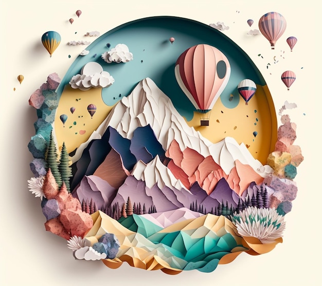 There is a paper cut of a mountain with hot air balloons generative ai