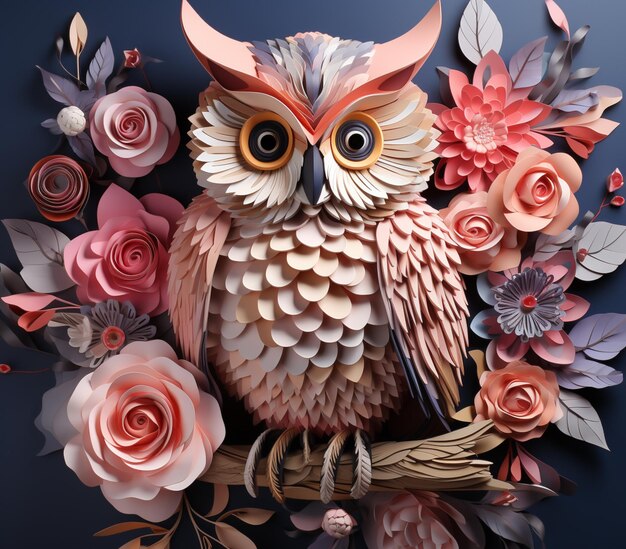 There is a paper cut owl sitting on a branch with flowers generative ai