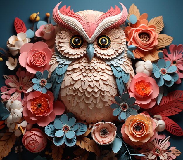 There is a paper cut owl sitting on a flower arrangement generative ai