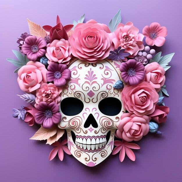 there is a paper cut skull with flowers on it generative ai