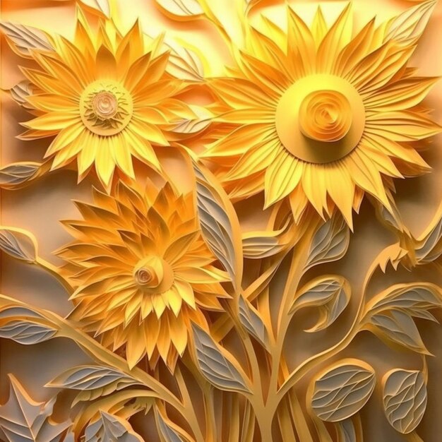 There is a paper cut sunflowers on a wall with leaves generative ai