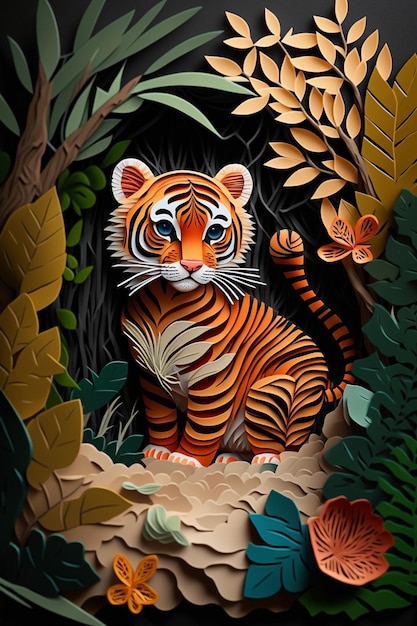 There is a paper cut of tiger cubby in the jungle generative ai