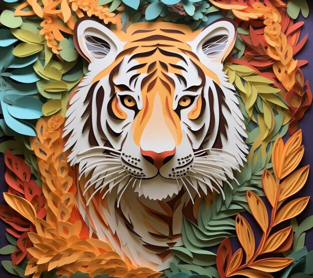 Photo there is a paper cut tiger in the middle of a jungle generative ai