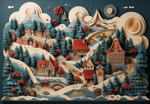 There is a paper cut of a winter scene with a house and trees generative ai