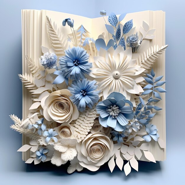 There is a paper flower arrangement on a book with blue flowers generative ai