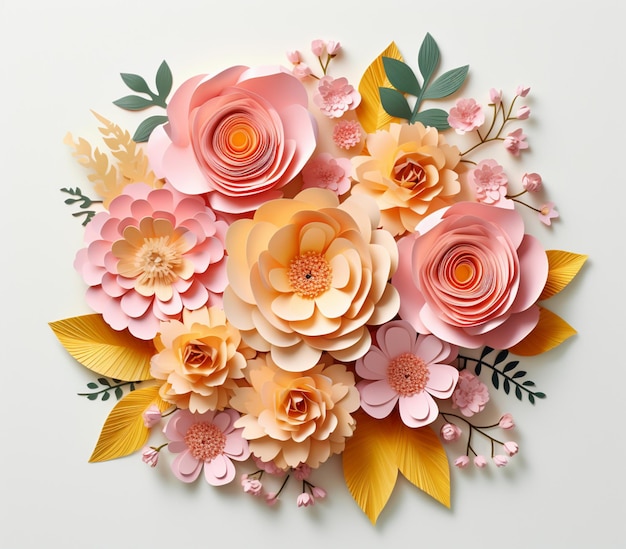 There is a paper flower arrangement made of pink and yellow flowers generative ai