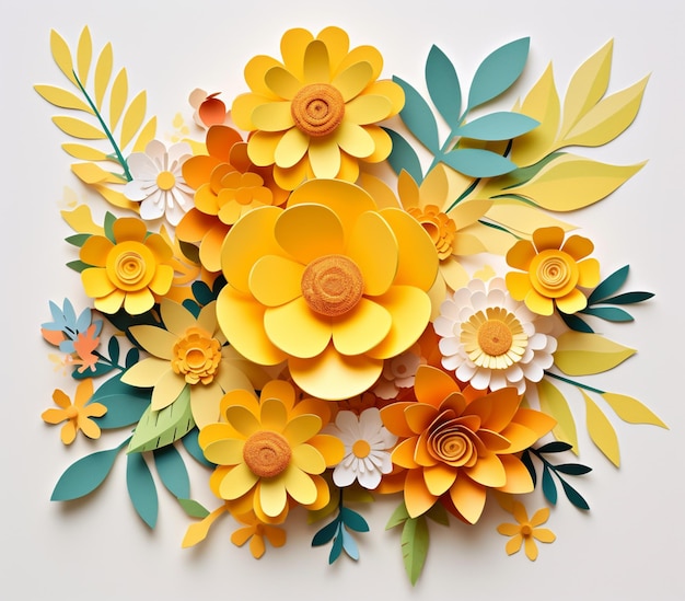 There is a paper flower arrangement made of yellow and white flowers generative ai