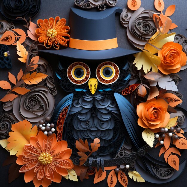 There is a paper owl with a top hat and flowers generative ai