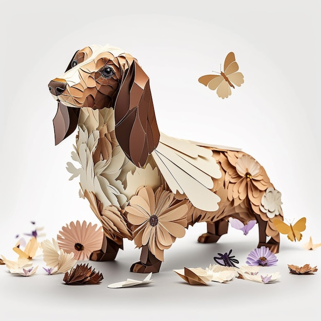 There is a paper sculpture of a dog with flowers and butterflies generative ai