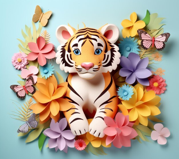 There is a paper tiger sitting in a flower arrangement with butterflies generative ai