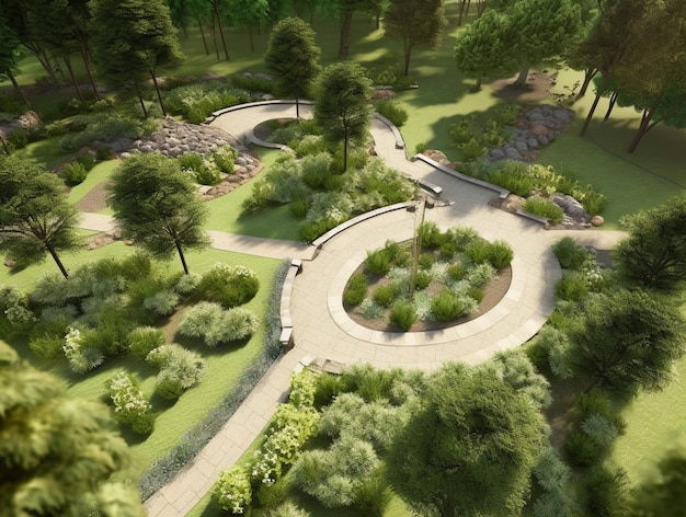 there is a park with a circular walkway and a bench generative ai