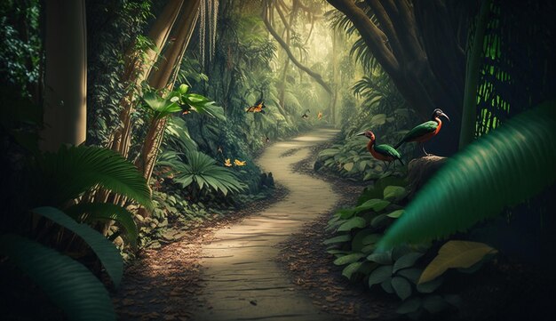 Photo there is a path in the jungle with a bird on it generative ai