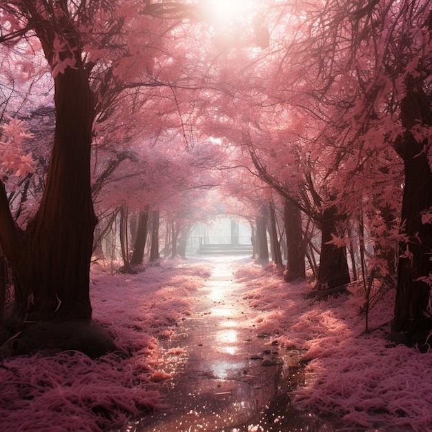 Foto c'è un sentiero fiancheggiato da alberi rosa e foglie ai generative