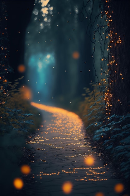 There is a path that is surrounded by trees and lights generative ai