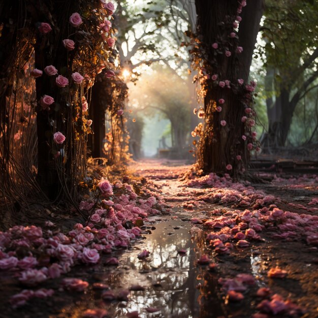 there is a path with pink flowers on it that is lined with trees generative ai