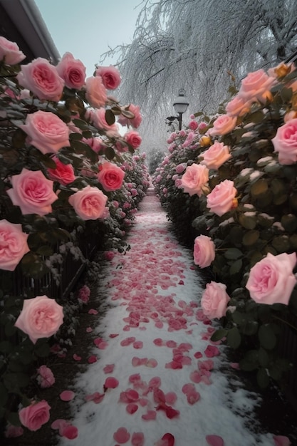 there is a path with pink roses on it in the snow generative ai