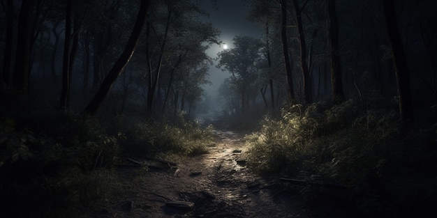 There is a path in the woods with a light shining on it generative ai