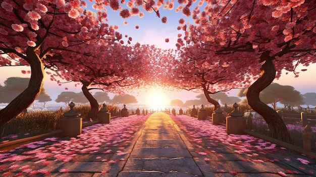 There is a pathway with pink flowers on it and a sunset in the background generative ai