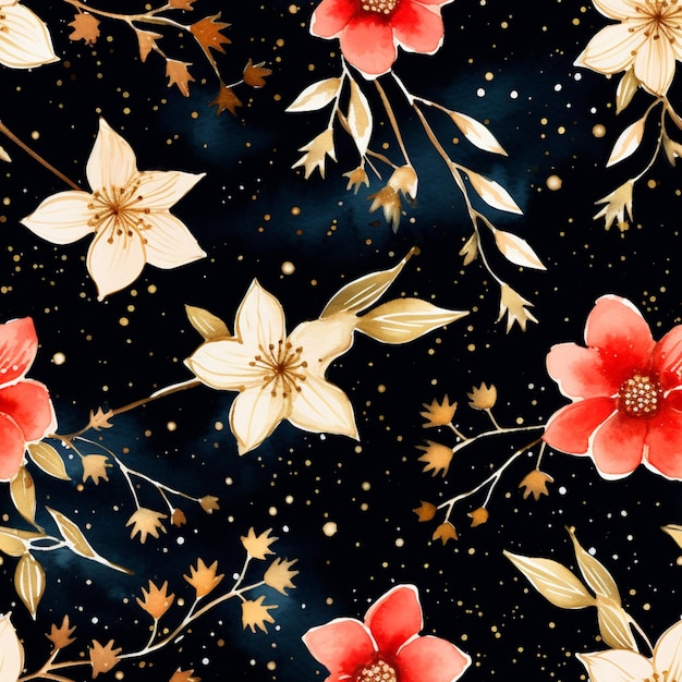 there is a pattern of flowers on a black background generative ai