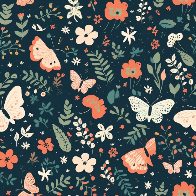 There is a pattern of flowers and butterflies on a dark background generative ai