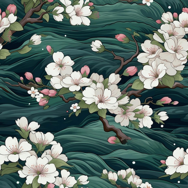 There is a pattern of flowers on a green background generative ai