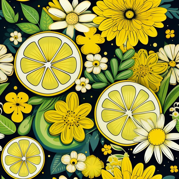There is a pattern of lemons and flowers on a black background generative ai