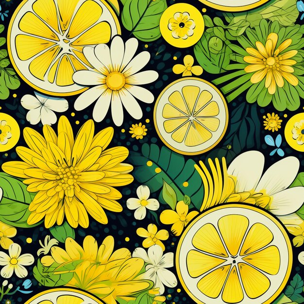 There is a pattern of lemons and flowers on a black background generative ai