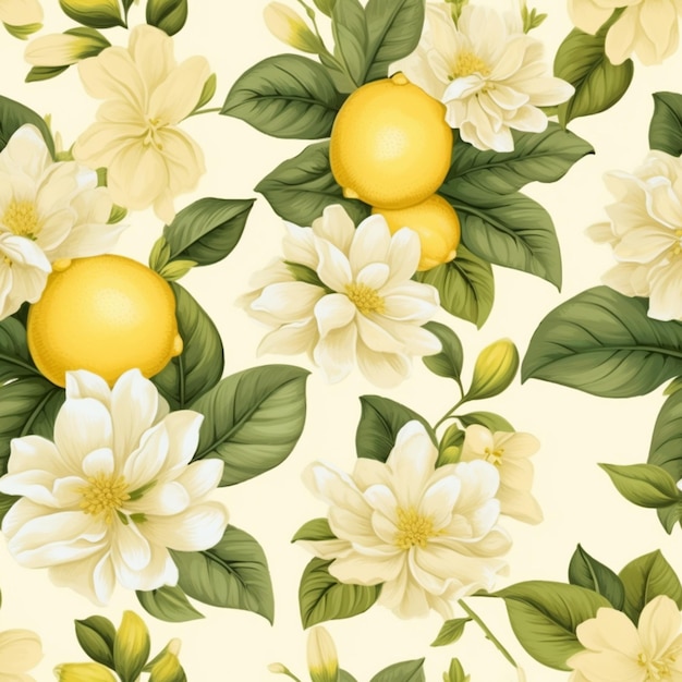 Photo there is a pattern of lemons and flowers on a white background generative ai