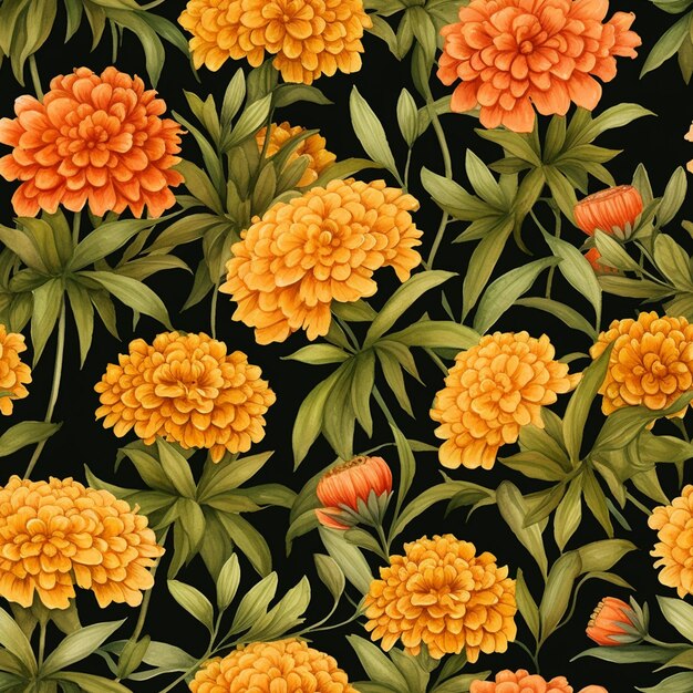 There is a pattern of orange flowers and green leaves generative ai