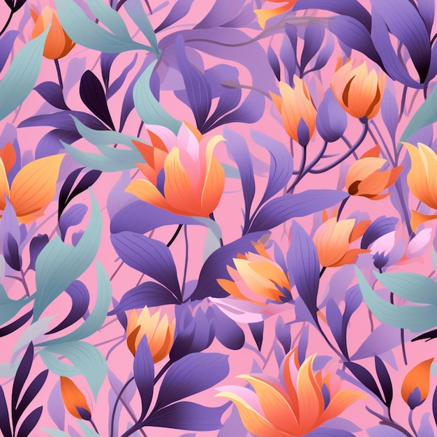 there is a pattern of orange and purple flowers on a pink background generative ai