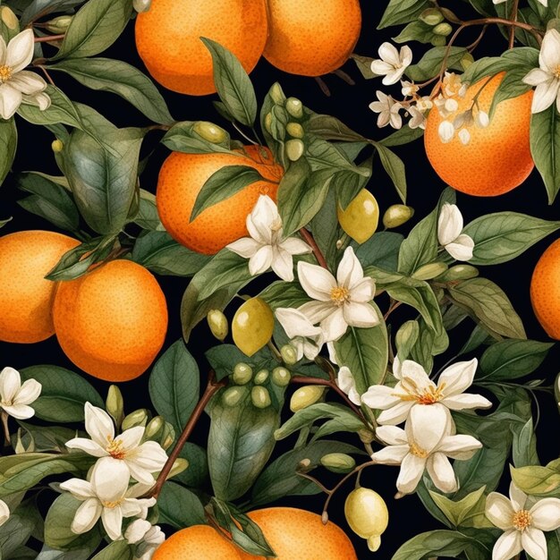 There is a pattern of oranges and flowers on a black background generative ai