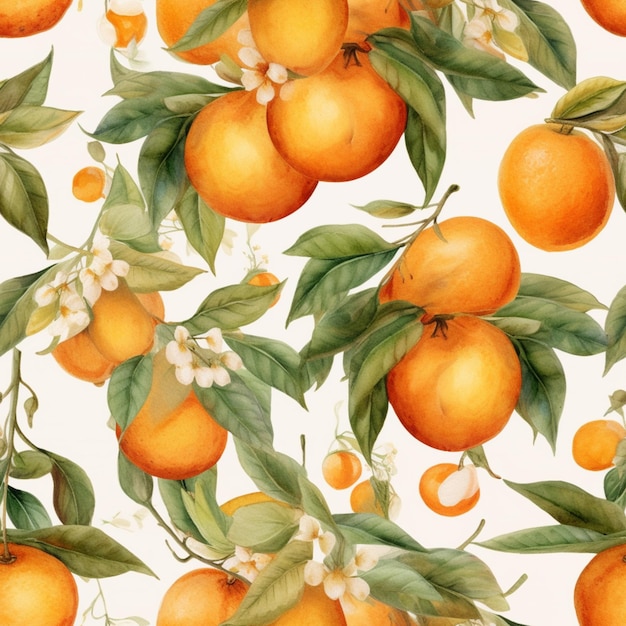 흰색 배경 생성 ai에 오렌지와 잎의 패턴이 있습니다.