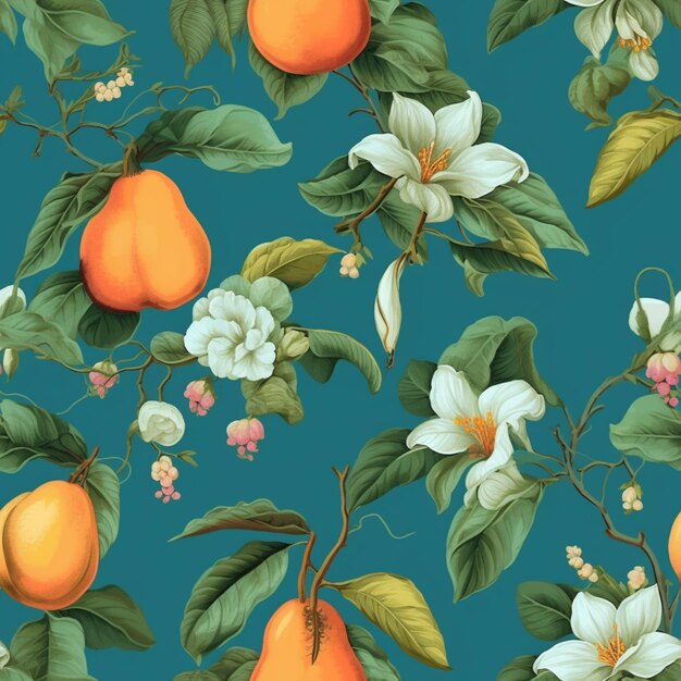 There is a pattern of oranges and white flowers on a blue background generative ai