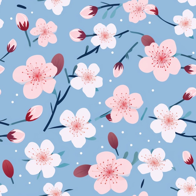 there is a pattern of pink and white flowers on a blue background generative ai