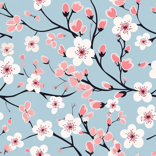 there is a pattern of pink and white flowers on a blue background generative ai