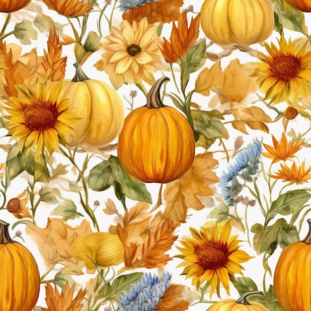 There is a pattern of pumpkins and sunflowers on a white background generative ai