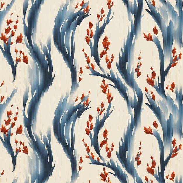 there is a pattern of red and blue leaves on a white background generative ai